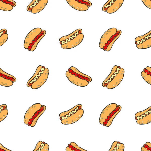 Hot Dog Impresión Dibujos Animados Patrón Vector Sin Costura Fondo — Archivo Imágenes Vectoriales