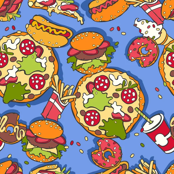 Cartoon Voedsel Afdrukken Naadloos Vector Patroon Achtergrond Fast Food — Stockvector