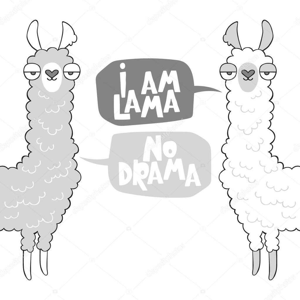 Lama. No drama. Cartoon animal. Lettering. Isolated vector object on white background.