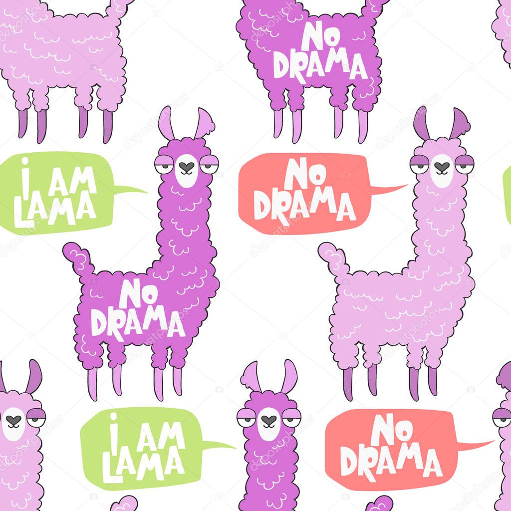 Lama. No drama. Cartoon animal. Lettering. Seamless vector pattern (background, print).
