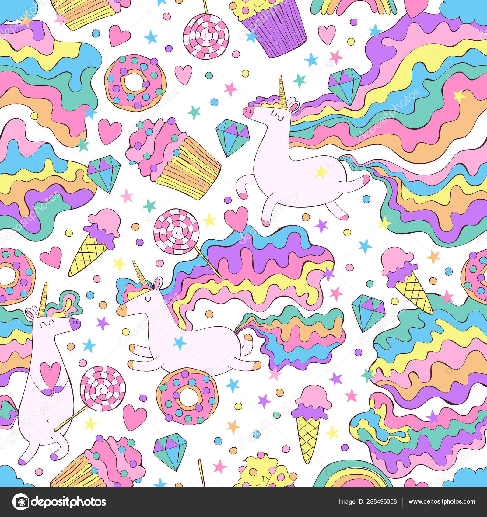 Seamless pattern with cute unicorns diamonds, hearts and rainbows