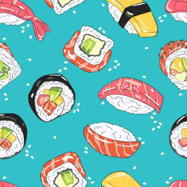 Japon yemeği. Sushi ve Rolls. Deniz ürünleri. Dikişsiz vektör deseni (arka plan). Karikatür baskı.