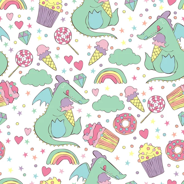 ドラゴンとお菓子アイスクリーム ケーキ キャンディー ドーナツ素晴らしい 心と星シームレスベクトルパターン — ストックベクタ