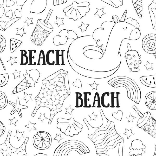 Hand Drawn Beach Doodle Set Lettering Seamless Vector Background Pattern — Stock Vector