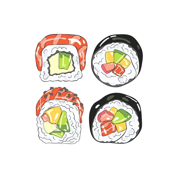 日本食 ロール 海の食べ物白い背景に分離されたベクター オブジェクト 漫画の印刷物 — ストックベクタ