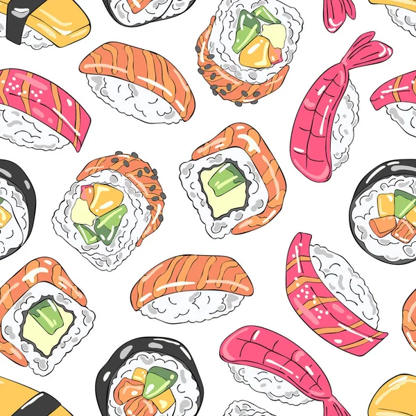 Japansk Mat Sushi Och Rullar Havs Mat Sömlöst Vektor Mönster — Stock vektor