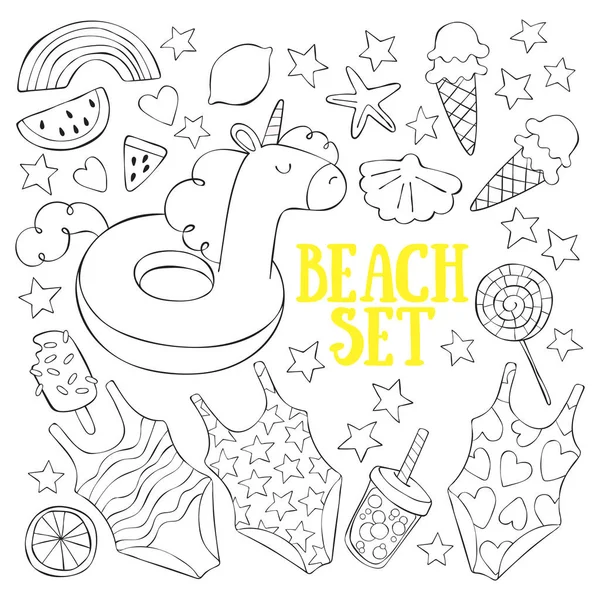 Hand Getekende Strand Doodle Set Letters Geïsoleerde Vectorobjecten Witte Achtergrond — Stockvector