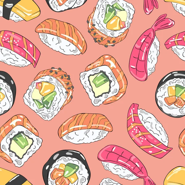 Japans Eten Sushi Broodjes Zeevruchten Naadloos Vector Patroon Achtergrond Cartoon — Stockvector