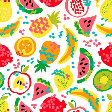 Meyve. Çizgi film yemekleri. Ananas, karpuz, muz, portakal, nar, kivi, limon. Dikişsiz vektör deseni (arka plan, baskı).