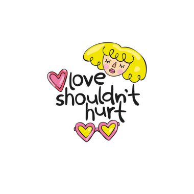 Aşk acıtmamalı. Çizgi film kızı. Kalp. Yazı. Beyaz arka plan üzerinde yalıtılmış vektör nesnesi.