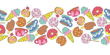 Sıcak içecekler: çay ve kahve. Tatlılar: dondurma, çörek, kurabiye, tatlı, şeker. Kesintisiz yatay desen. Çerçeve kenarlığı.