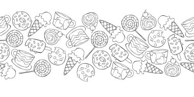 Sıcak içecekler: çay ve kahve. Tatlılar: dondurma, çörek, kurabiye, tatlı, şeker. Kesintisiz yatay desen. Çerçeve kenarlığı.