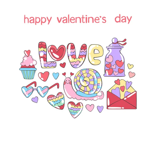 Feliz Día San Valentín Corazones Caracol Pastelitos Amor Letras Listos — Vector de stock