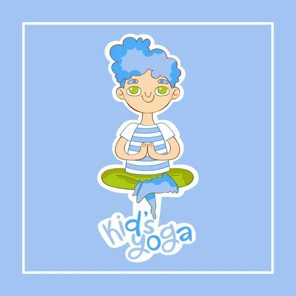 Yoga Niño Chico Posición Del Loto Letras Dibujos Animados Objeto — Vector de stock