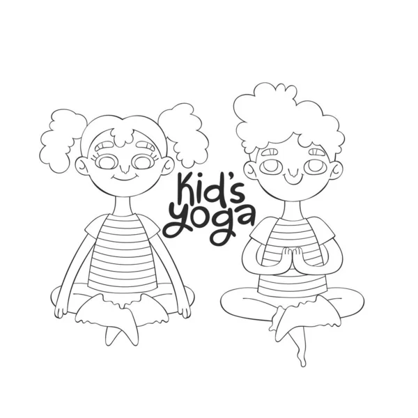 Yoga Niño Chico Chica Posición Del Loto Letras Dibujos Animados — Vector de stock