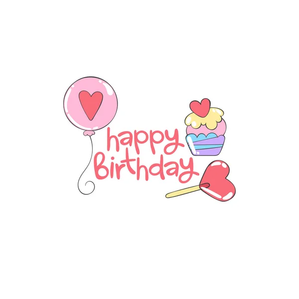 Happy Birthday Lettering Balloon Cupcake Lollipop Cartoon Isolated Vector Object — Stock Vector