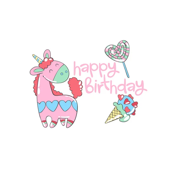 Doğum Günün Kutlu Olsun Yazı Unicorn Lolipop Dondurma Karikatür Beyaz — Stok Vektör
