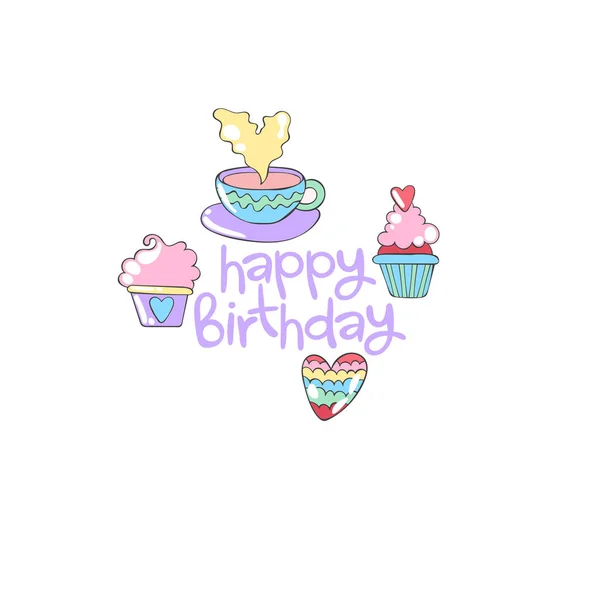 Feliz Aniversário Letras Uma Chávena Cupcake Coração Desenhos Animados Objeto — Vetor de Stock