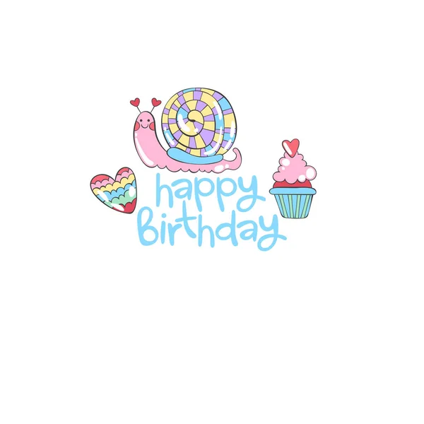 Happy Birthday Lettering Snail Cupcake Heart Cartoon Isolated Vector Object — Stock Vector