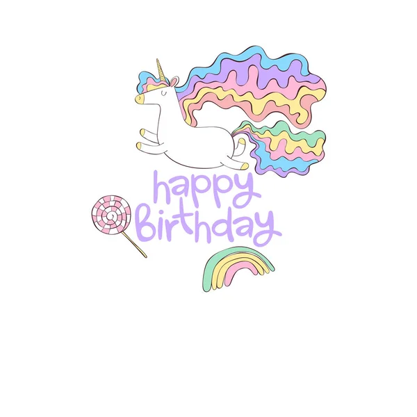 Doğum Günün Kutlu Olsun Yazı Unicorn Lolipop Gökkuşağı Karikatür Beyaz — Stok Vektör