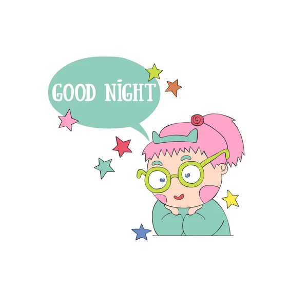 Buenas Noches Linda Niñita Con Gafas Dibujos Animados Nube Diálogo — Vector de stock