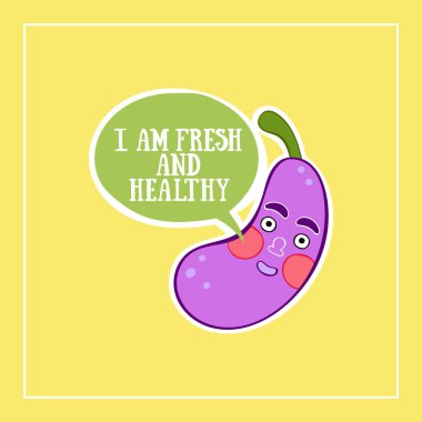 Taze ve sağlıklıyım. Patlıcan. Çizgi film karakteri. Diyalog bulutu. Vektör izole nesne. Kare kare.