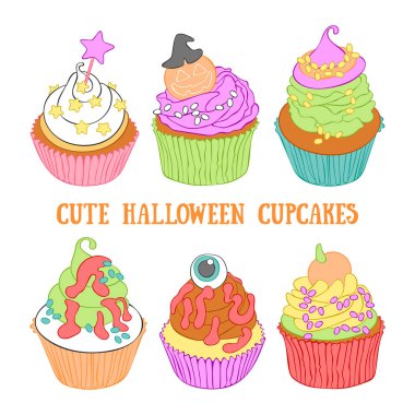 Cadılar Bayramı kekleri. Çizgi film tatlılığı. Hazır ol. Beyaz arkaplandaki izole vektör nesnesi.