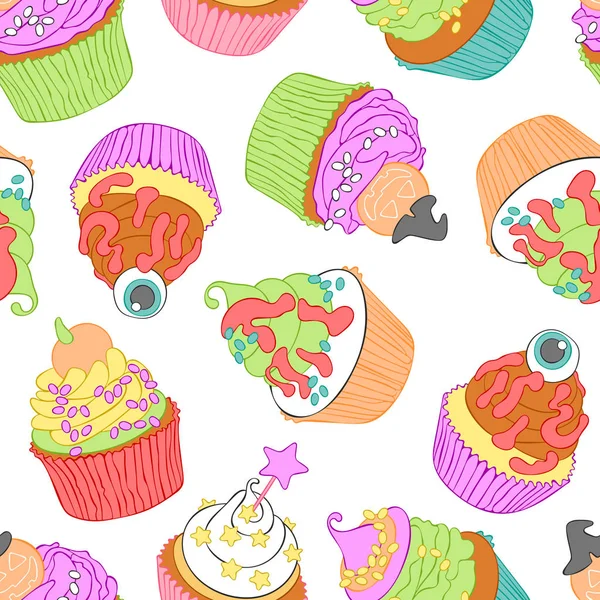 Cupcakes Halloween Douceur Bande Dessinée Modèle Vectoriel Sans Couture Arrière — Image vectorielle
