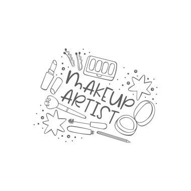 Makyöz. Kozmetik. Pudra, göz farı, ruj, rimel. Mektup. Beyaz arkaplandaki izole vektör nesnesi.