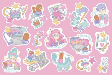 Çıkartma takımı. Güzel kızlar. Şirin kedi. Kitaplar, dizüstü bilgisayarlar, boyalar ve kalemler. Sıcak içecekler: Kahve fincanı, çay fincanı. Mektup. Yıldızlar.