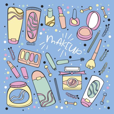 Makyaj. Kozmetik seti. Krem ve maske. Pudra, göz farı, ruj, rimel. Mektup. Beyaz arkaplandaki izole vektör nesnesi.