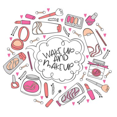 Uyan ve makyaj yap. Kozmetik. Pudra, göz farı, ruj, rimel. Krem ve maske. Mektup. Beyaz arkaplandaki izole vektör nesnesi. 