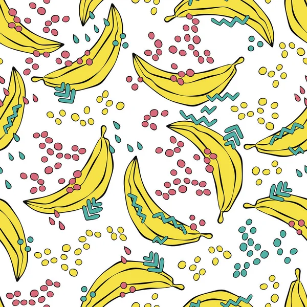 Bananen Doodles Zomer Tekening Vruchten Gekleurde Druppels Naadloos Vectorpatroon Achtergrond — Stockvector