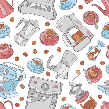 Kahve makinesi ve kahve öğütücüsü. Kahve ve kahve fincanı. Espresso, kapuçino ve latte. Kusursuz vektör deseni (arkaplan). Çizgi film baskısı.