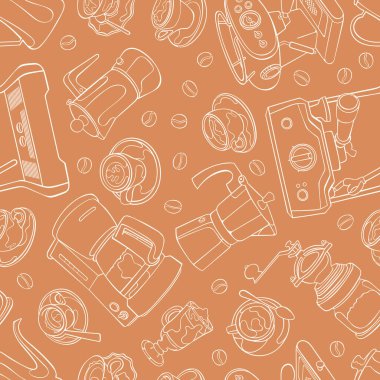 Kahve makinesi ve kahve öğütücüsü. Kahve ve kahve fincanı. Espresso, kapuçino ve latte. Kusursuz vektör deseni (arkaplan). Çizgi film baskısı.