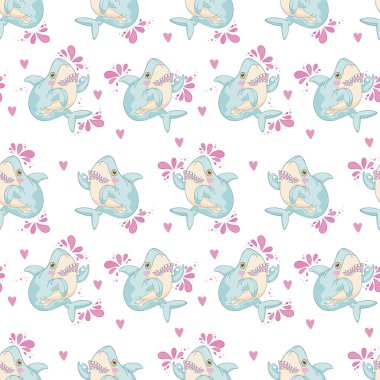 Köpekbalığı. Çizgi film hayvanı. Kusursuz vektör deseni (arkaplan).