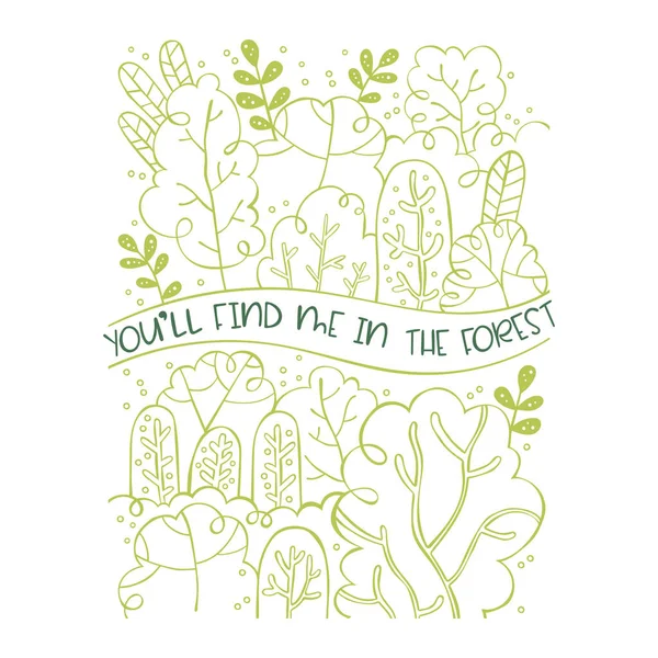 Encontrarás Bosque Bosque Árboles Ramas Con Hojas Doodles Impresión Dibujos — Vector de stock