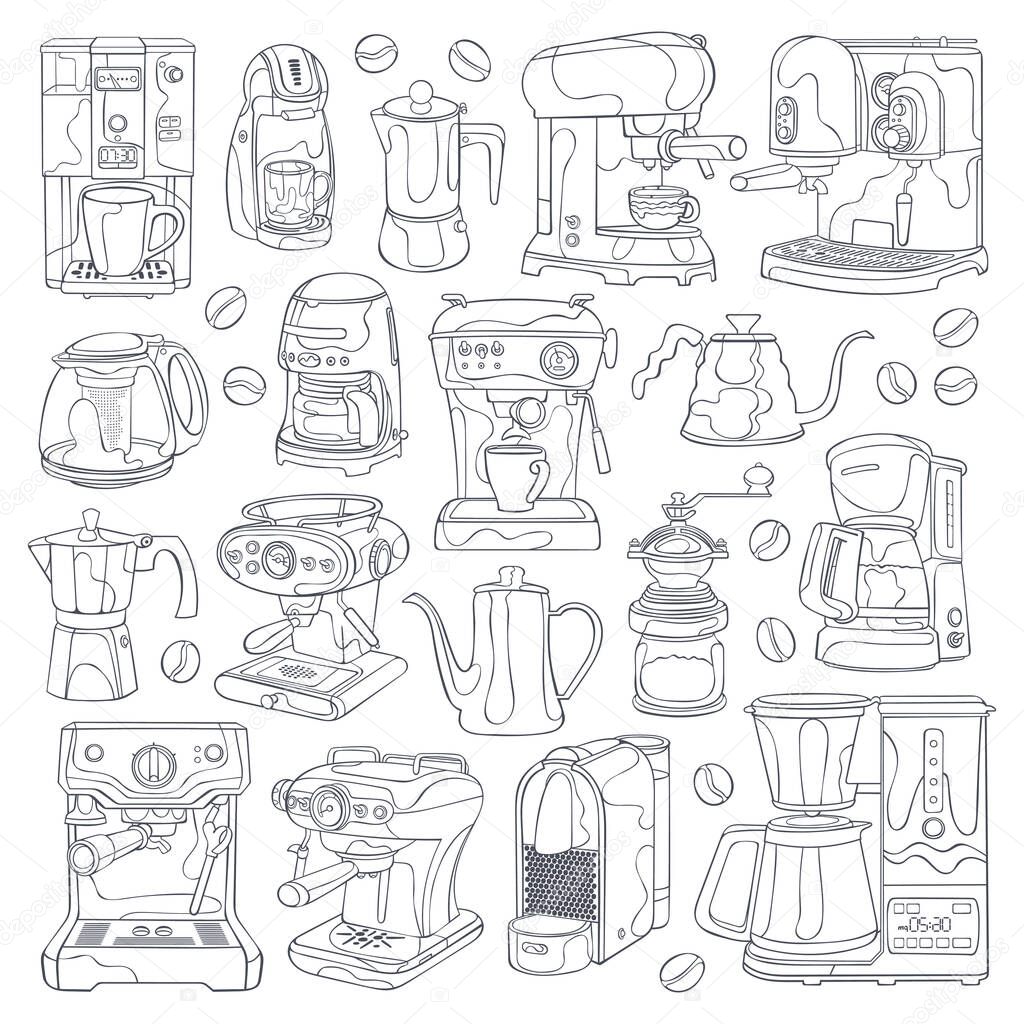 Coffee machine. Coffee pot. Kettle. Coffee grinder. Cartoon art. Isolated vector object on a white background.