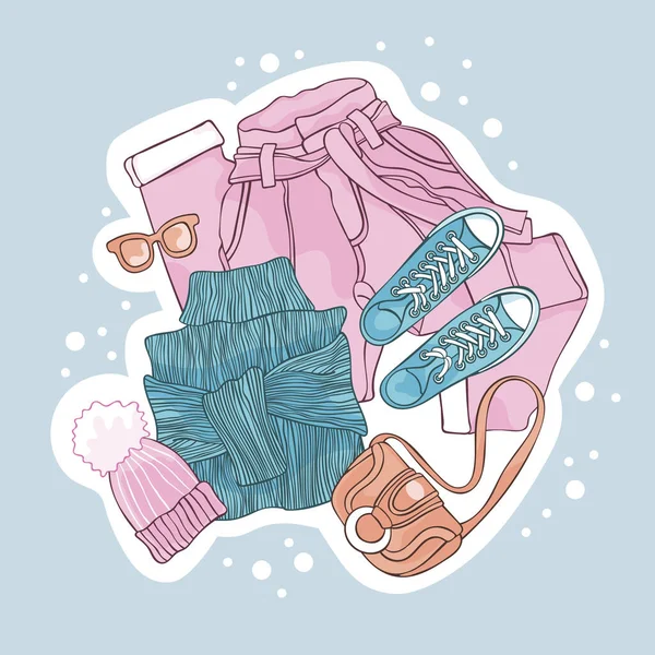 Fashion Set Sketch Style Vector Collection Clothes Footwear Accessories Isolated — Stock Vector