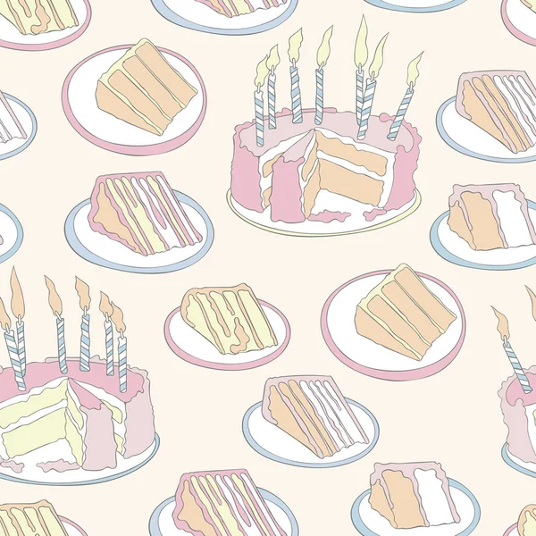 Торт День Народження Торт Свічками Шматочок Торта Безшовний Векторний Візерунок — стоковий вектор