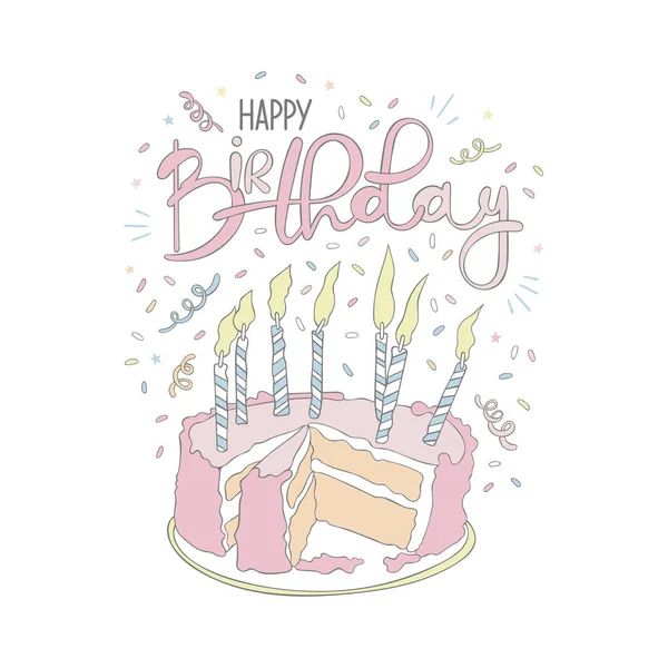 Днем Рождения Торт День Рождения Свечи Карту Плакат Письмами Конфетти — стоковый вектор