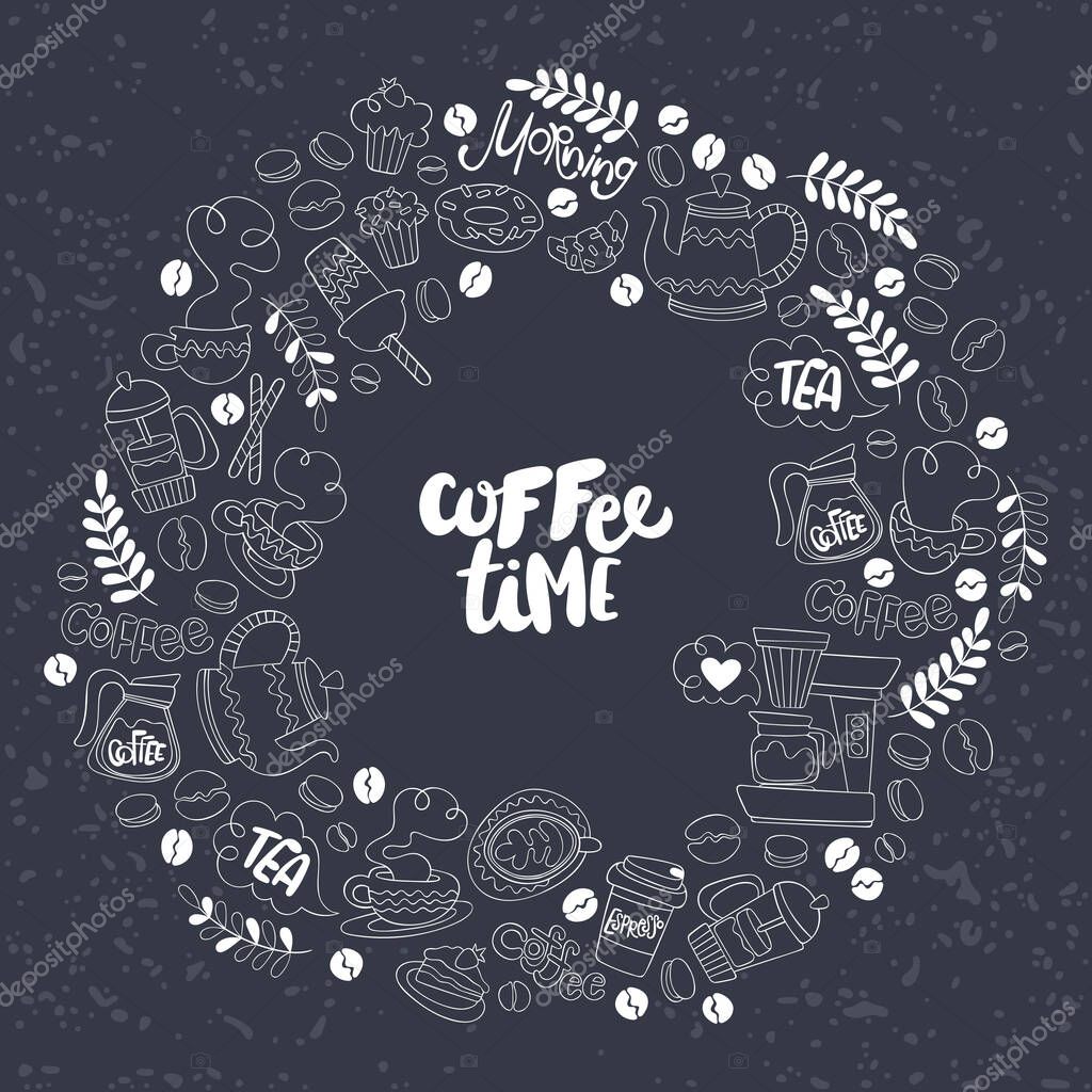 Coffee pot and coffee cup. Hot drink mug. Coffee machine. Sweet pastries: cupcake, donuts, muffin, croissant, macaroon. Lettering set. Circle frame - wreath. Isolated vector object.
