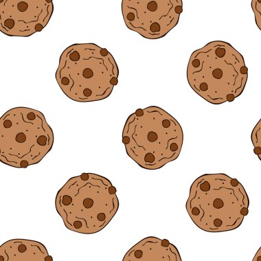 Çikolata parçalı kurabiyeler. Kusursuz vektör deseni (arkaplan). Çizgi film baskısı.