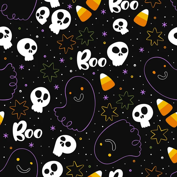 Halloween Background Lettering Skulls Ghosts Candy Halloween Sweets Holiday Cartoon — Stock Vector