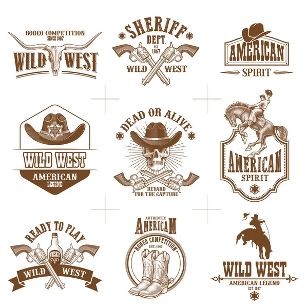 Raccolta Nove Illustrazioni Vettoriali Del Wild West Logos — Vettoriale Stock