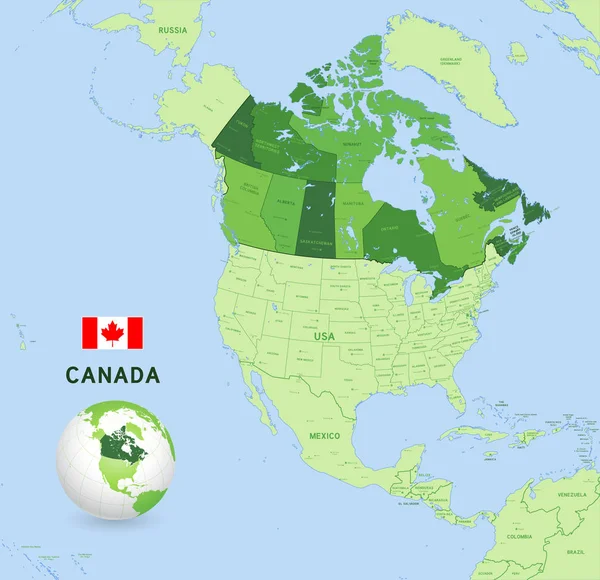 Ilustração Vetorial Canadá Mapa Administrativo Tons Verde — Vetor de Stock