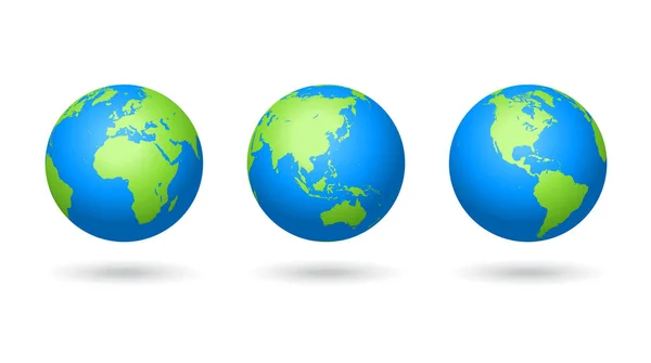 Докладна Кольорові Мапа Світу Зіставлені Три Глобусів Європі Азії Америці — стоковий вектор