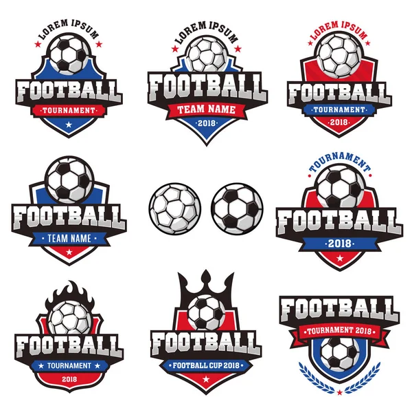 Coleção Oito Logotipo Futebol Vector Vermelho Azul Branco Insígnias Para —  Vetores de Stock