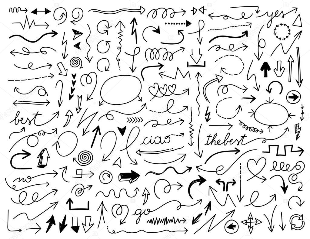 Collection of more than one hundred of vector hand drawn arrows symbols.
