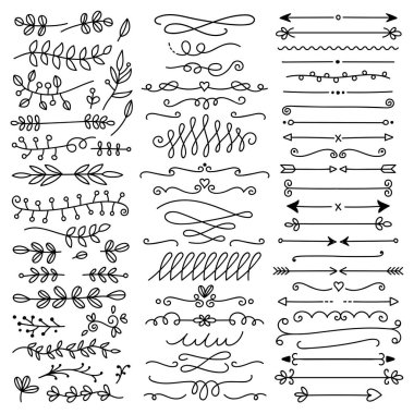 El vektör bölücüler çekilmiş. Çizgiler, kenarlıklar ve defne ayarlayın. Doodle tasarım öğeleri.